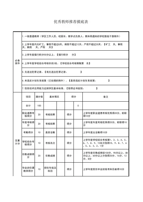 优秀教师推荐表