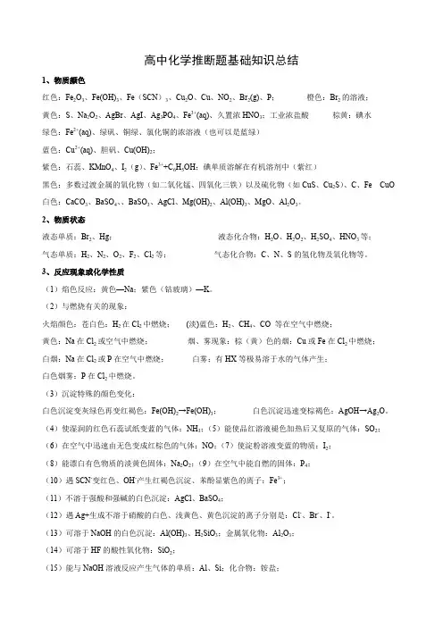 高中化学推断题基础知识总结