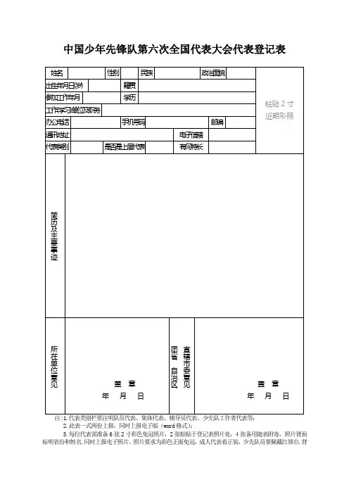 中国少年先锋队第六次全国代表大会代表登记表【模板】