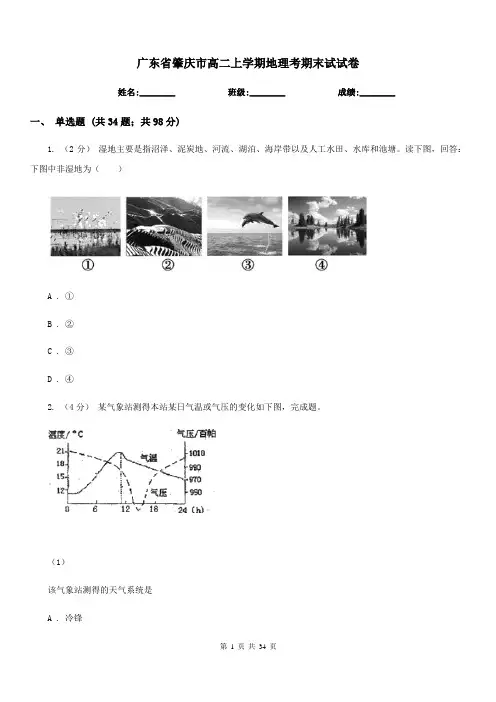 广东省肇庆市高二上学期地理考期末试试卷