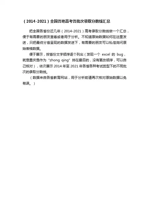 （2014-2021）全国各地高考各批次录取分数线汇总