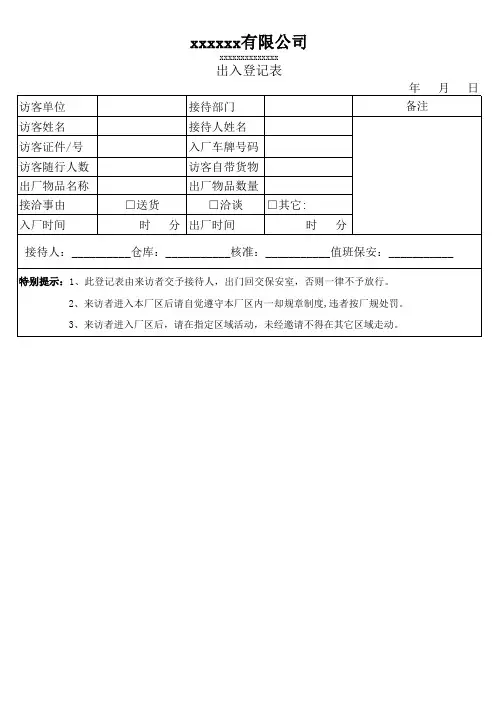 保安部厂外人员进出登记表