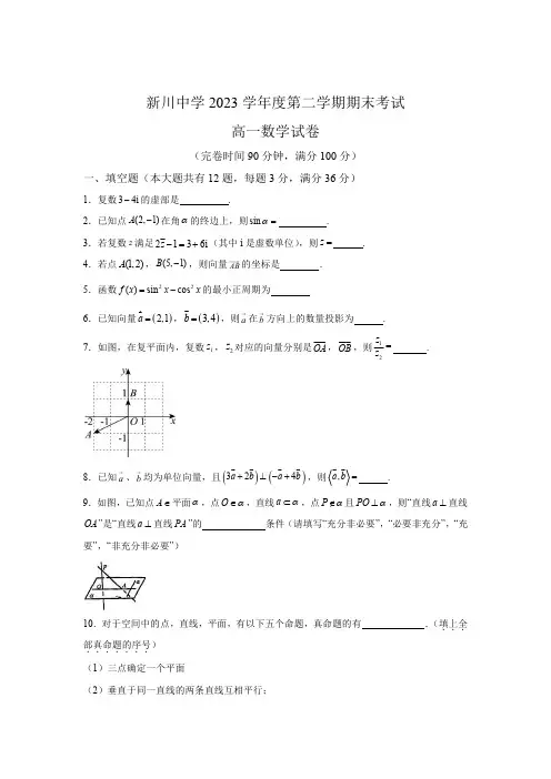 上海市新川中学2023-2024学年高一下学期期末考试 数学试卷【含答案】