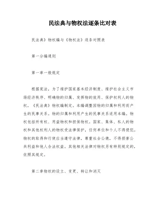 民法典与物权法逐条比对表