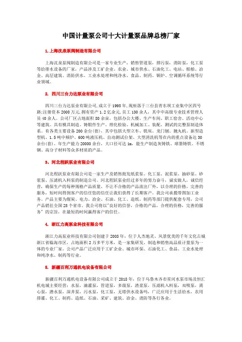 中国计量泵公司十大计量泵品牌总榜厂家