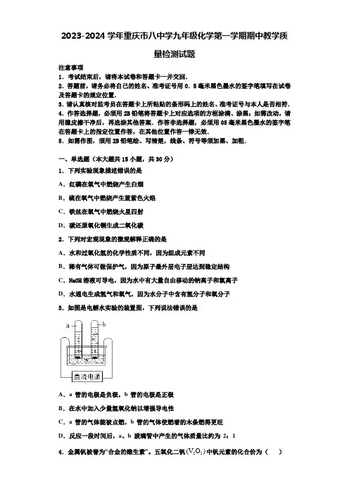 2023-2024学年重庆市八中学九年级化学第一学期期中教学质量检测试题含解析