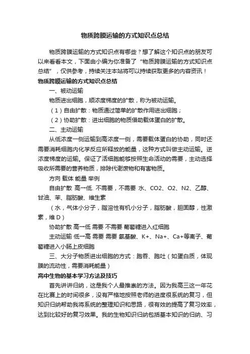 物质跨膜运输的方式知识点总结