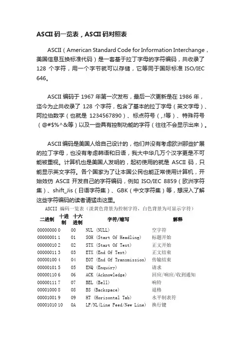 ASCII码一览表，ASCII码对照表