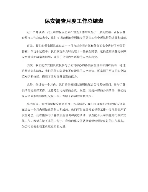 保安督查月度工作总结表