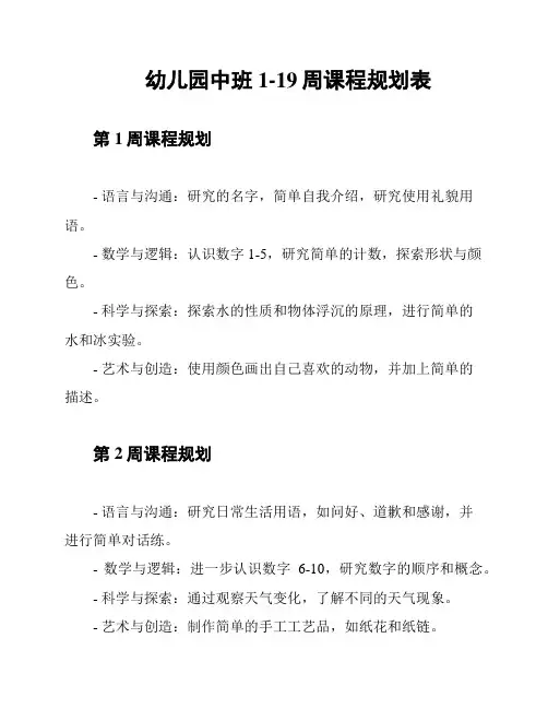 幼儿园中班1-19周课程规划表
