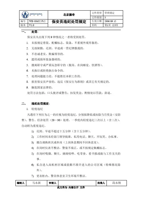 保安违纪处罚规定