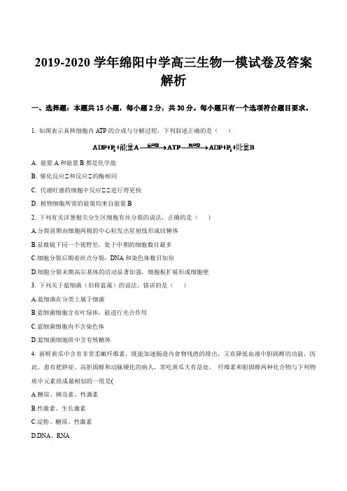 2019-2020学年绵阳中学高三生物一模试卷及答案解析