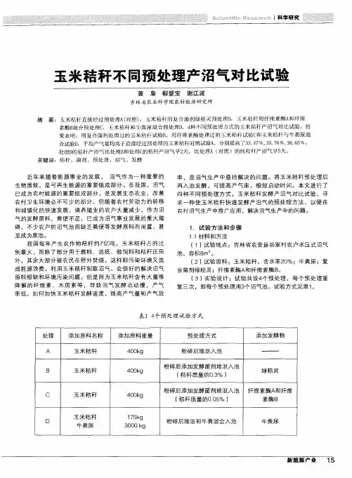 玉米秸秆不同预处理产沼气对比试验