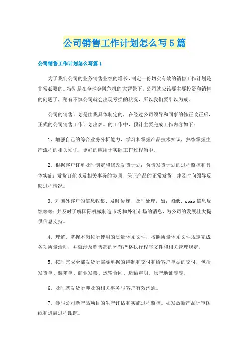 公司销售工作计划怎么写5篇