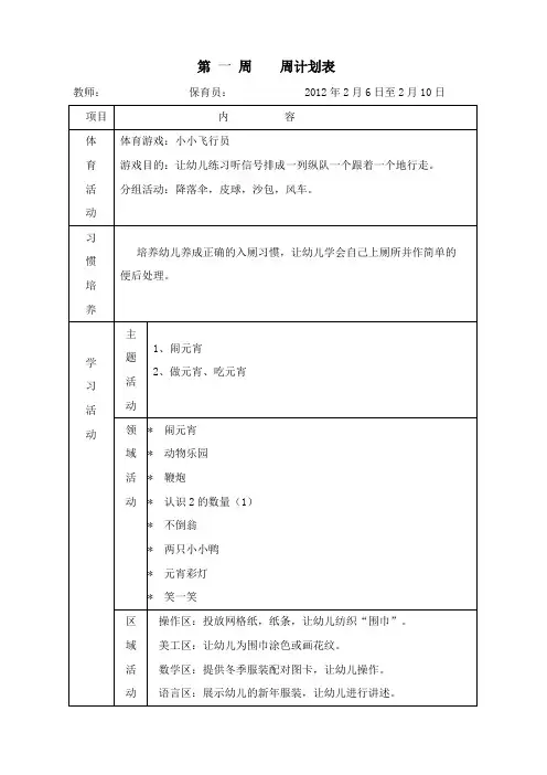 幼儿园小班下学期周计划 6