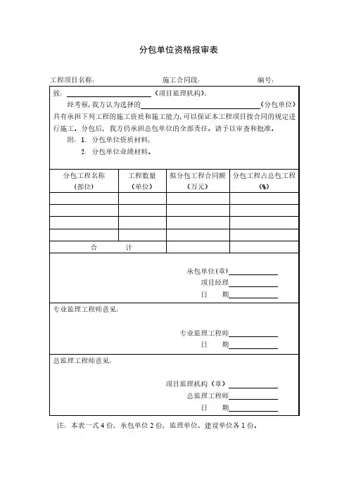分包单位资格报审表模板