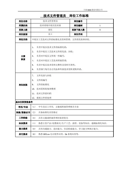 技术文件管理员岗位职责及岗位工作标准