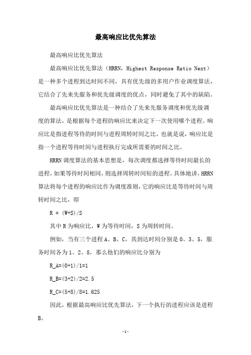 最高响应比优先算法