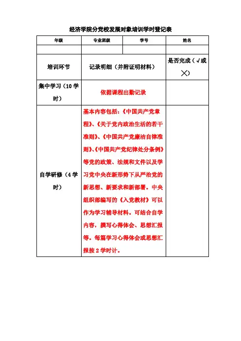 经济学院分党校发展对象培训学时登记表