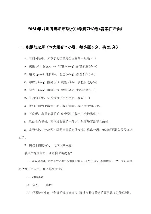 2024年四川省绵阳市中考语文试卷与参考答案
