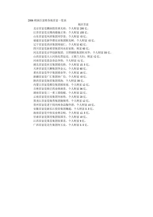2006胡润百富榜各地首富一览表 创业经验