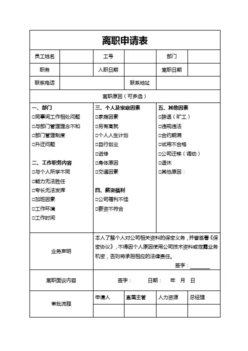 员工通用辞职离职申请表