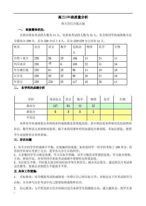 高三(10)班模拟考试质量分析 (1)