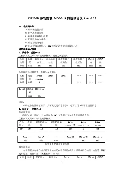 XJ9200D多功能表 MODBUS的通讯协议VER0.3