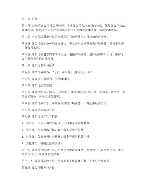 分公司设立的章程模板
