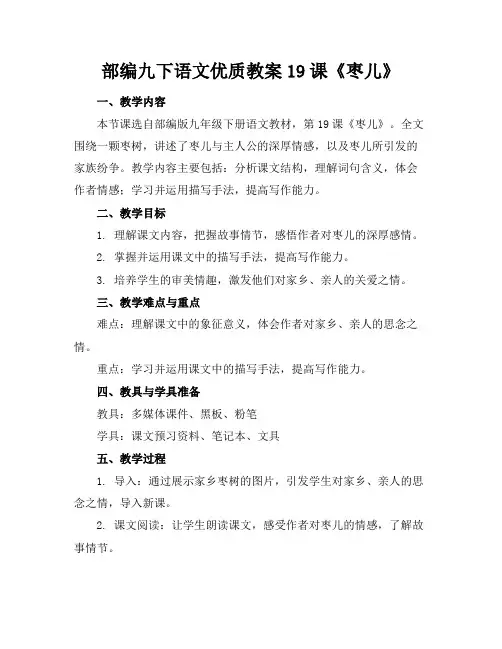 部编九下语文优质教案19课《枣儿》