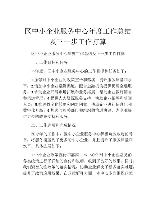 区中小企业服务中心年度工作总结及下一步工作打算