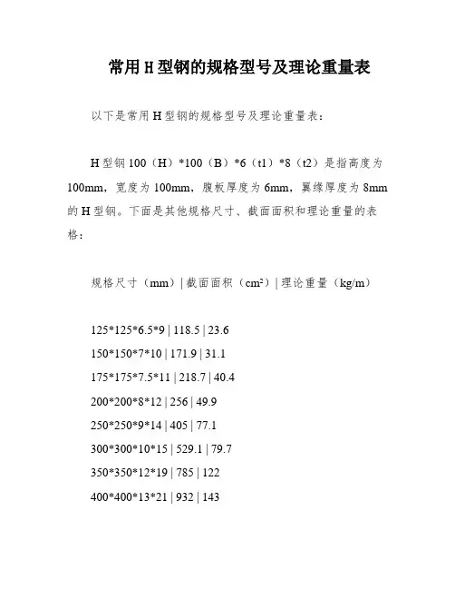 常用H型钢的规格型号及理论重量表