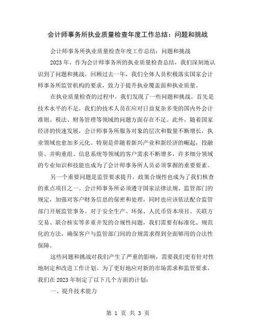 会计师事务所执业质量检查年度工作总结：问题和挑战