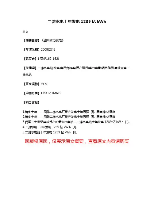 二滩水电十年发电1239亿kW·h