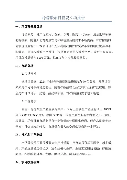 柠檬酸项目投资立项报告