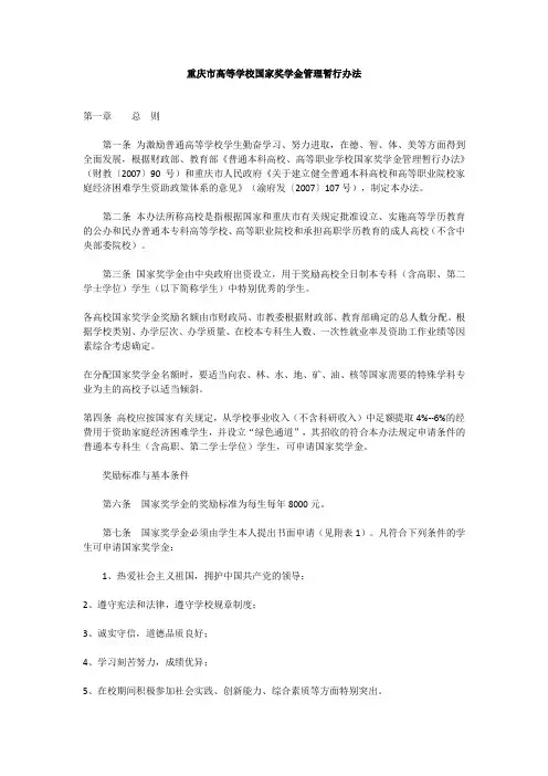 重庆市高等学校国家奖学金管理暂行办法