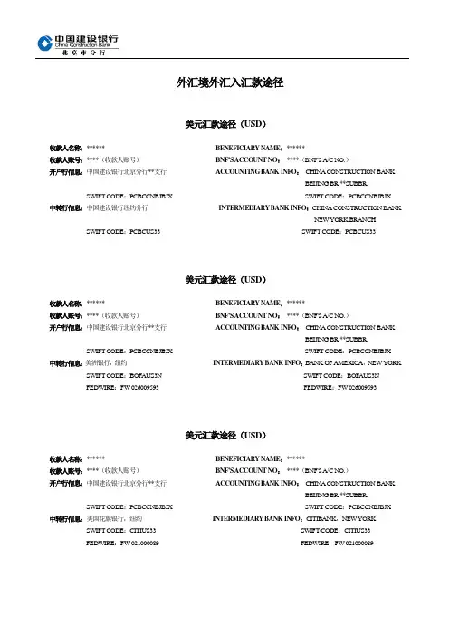 建设银行外汇境外汇入汇款途径(2010年3月9日执行)
