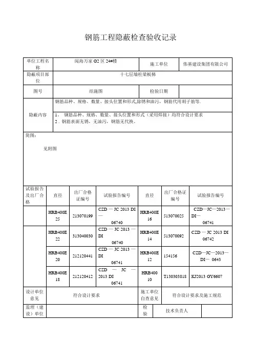 钢筋工程隐蔽验收记录