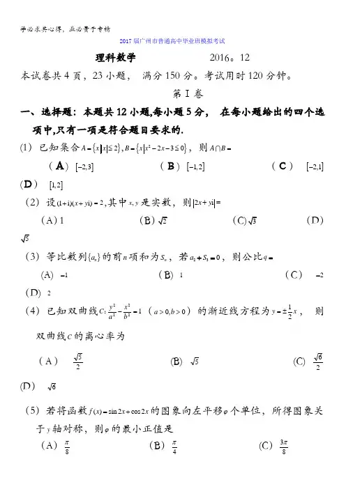 广东省广州市2017届高三12月模拟考试数学(理)试题 含答案