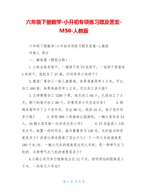 六年级下册数学-小升初专项练习题及答案-M50-人教版