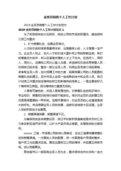 2019业务员销售个人工作计划范文