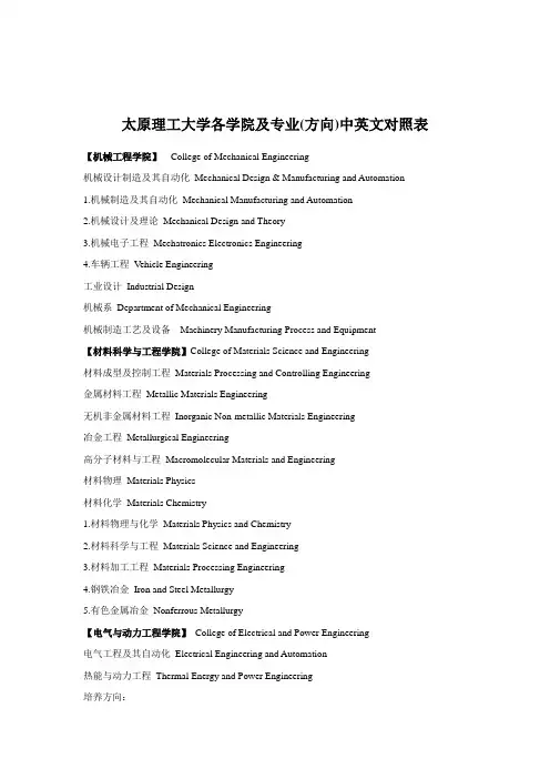 太原理工大学各学院及专业(方向)中英文对照表