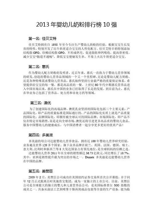 2013年婴幼儿奶粉排行榜10强
