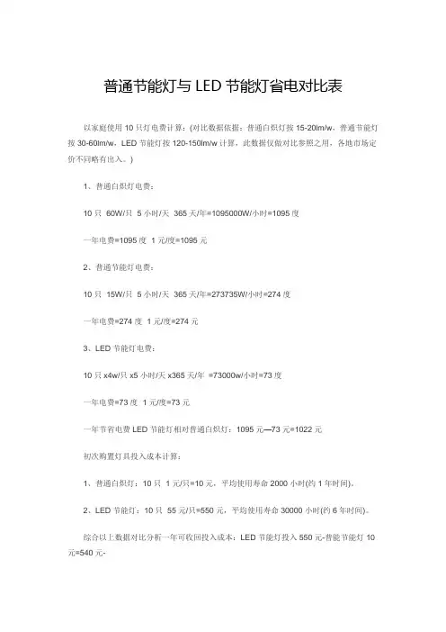 普通节能灯与LED节能灯省电对比表