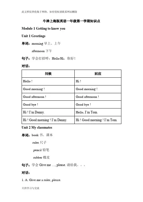 牛津上海版英语一年级第一学期知识点讲课教案