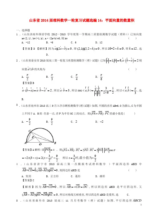 山东省高考数学一轮复习 试题选编14 平面向量的数量积