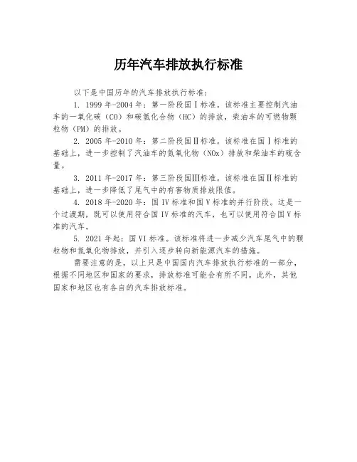 历年汽车排放执行标准