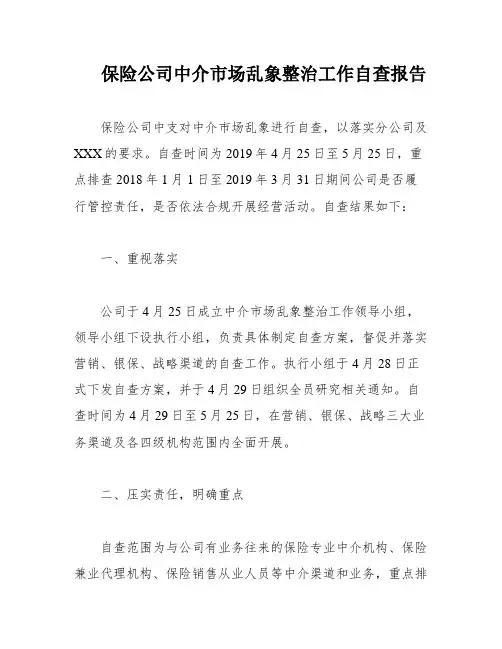 保险公司中介市场乱象整治工作自查报告