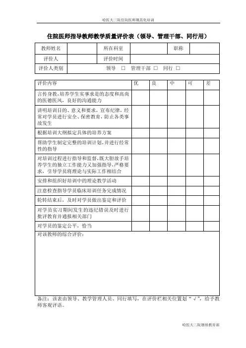 住院医师指导教师教学质量评价表(领导、管理干部、同行用).doc