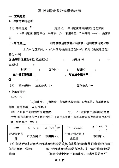 湖南高中物理学业水平考试公式及知识点总结学生